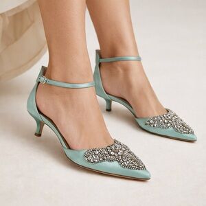 Badgley Mischka Size 10 Fiana Blue Radiance Satin Kitten Heel Jeweled Pump Shoes